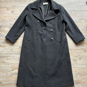 Adolfo Studio Trench Coat Women's XL Wool Dark Gray Black Vintage 90s Long